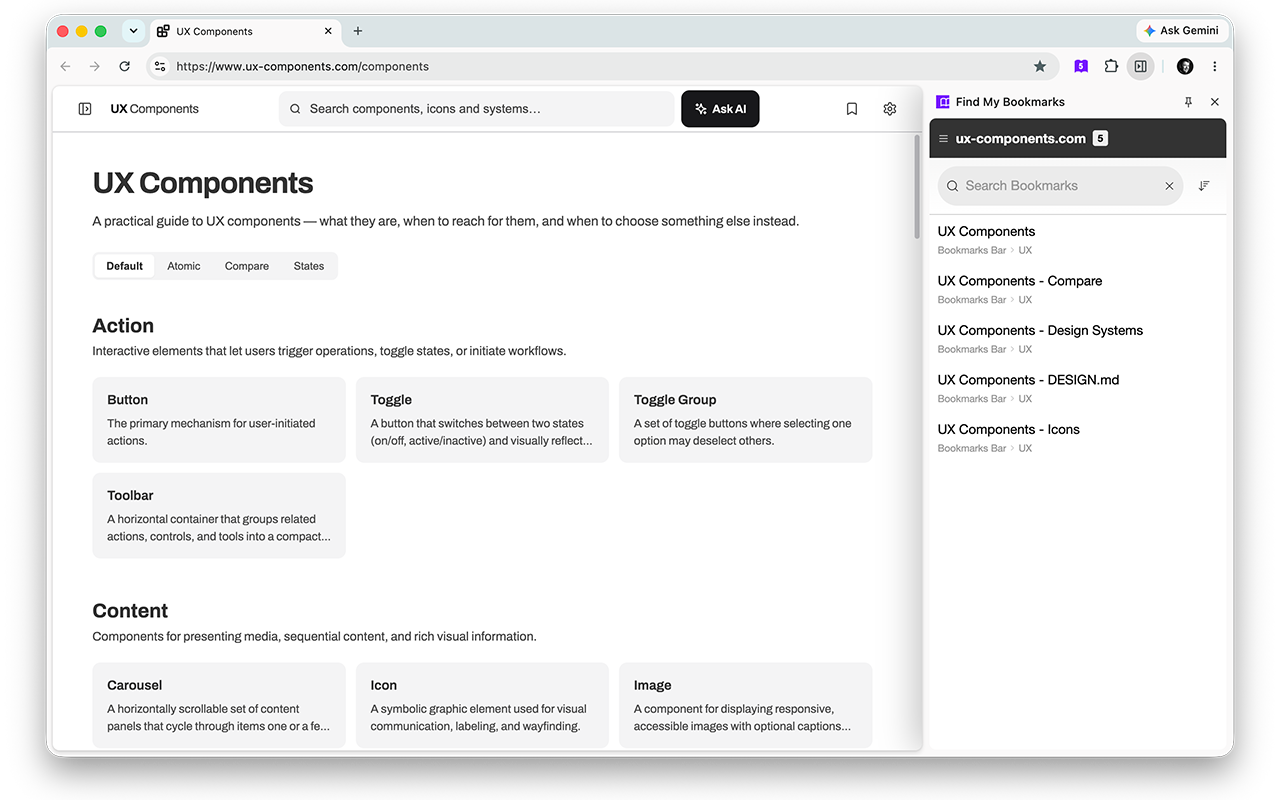 Find My Bookmarks side panel listing saved bookmarks