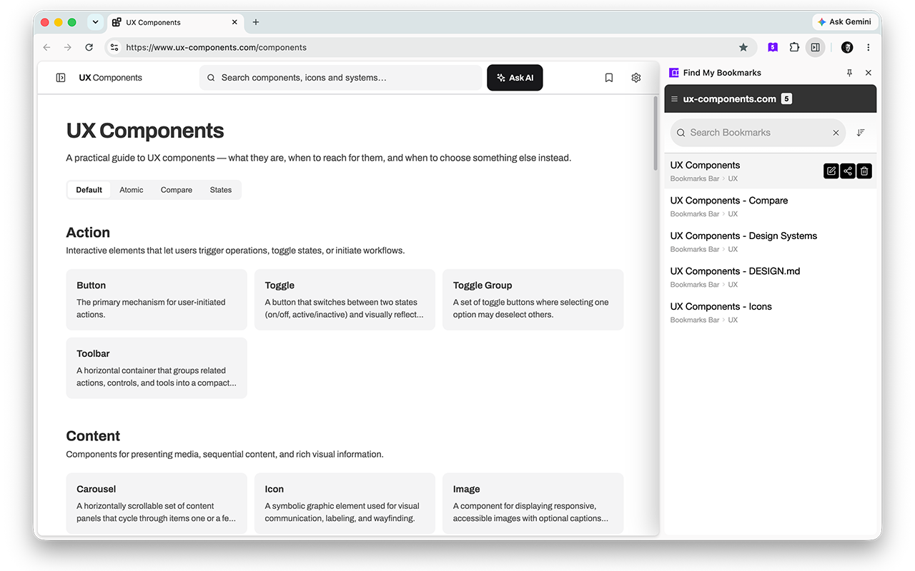 Hover actions to edit, share, or delete a bookmark