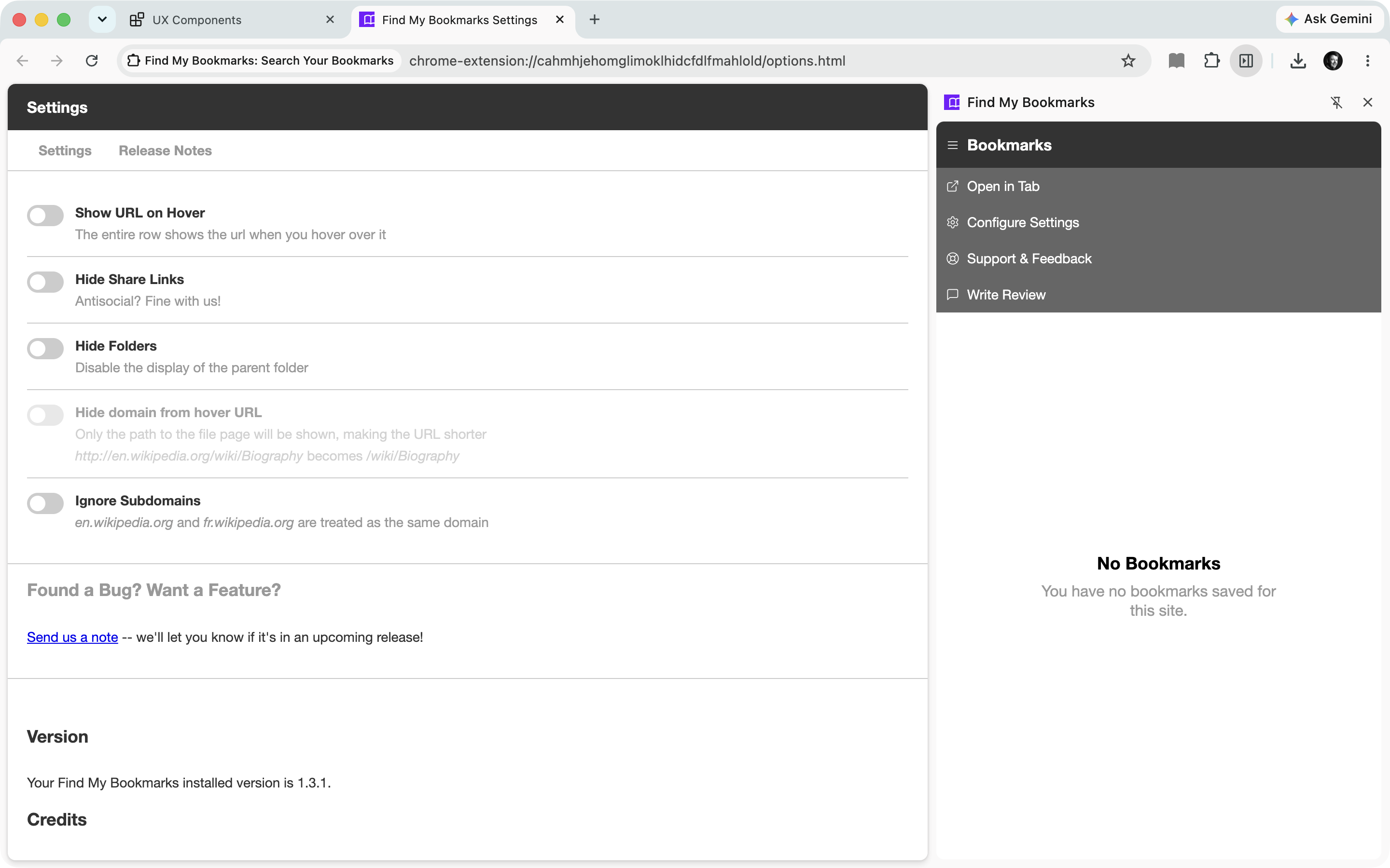 Find My Bookmarks settings page