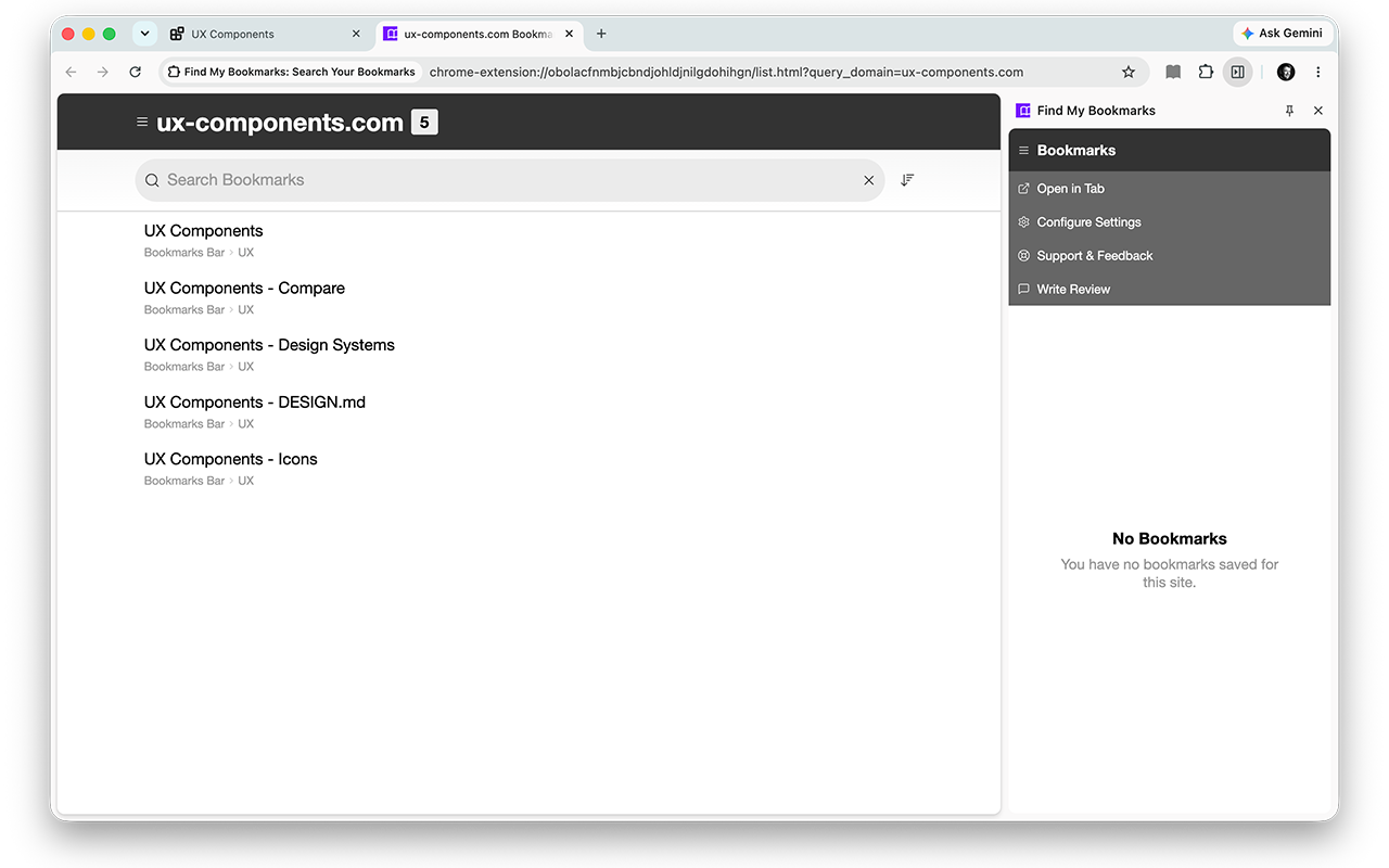 Full-page bookmark list with the actions menu open