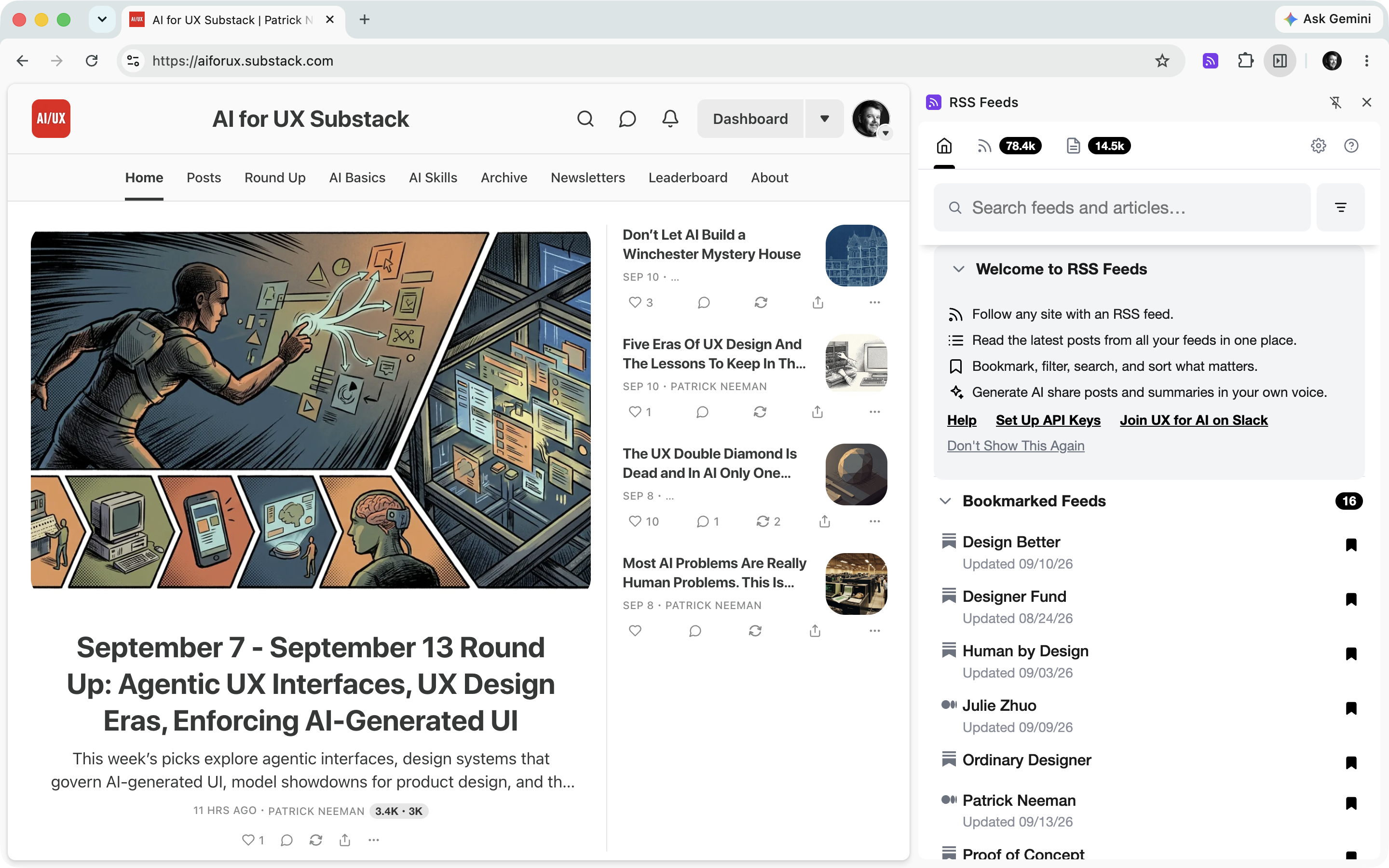 RSS Feeds side panel home view