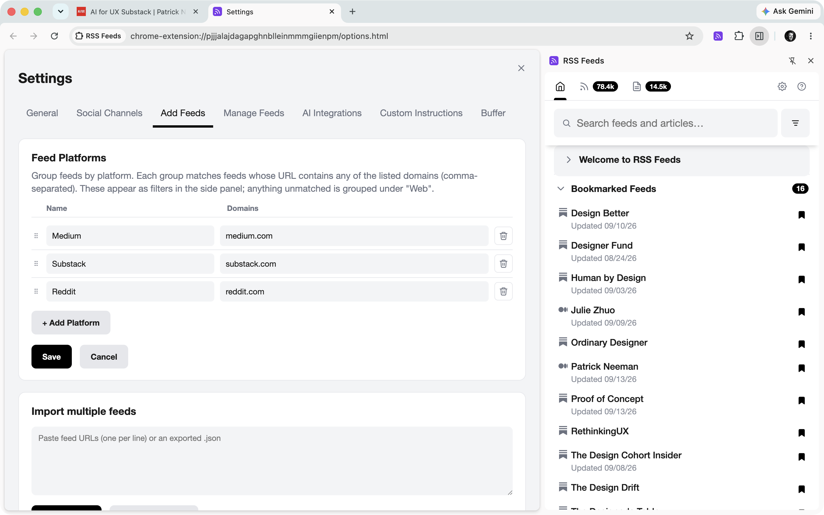 Add Feeds settings