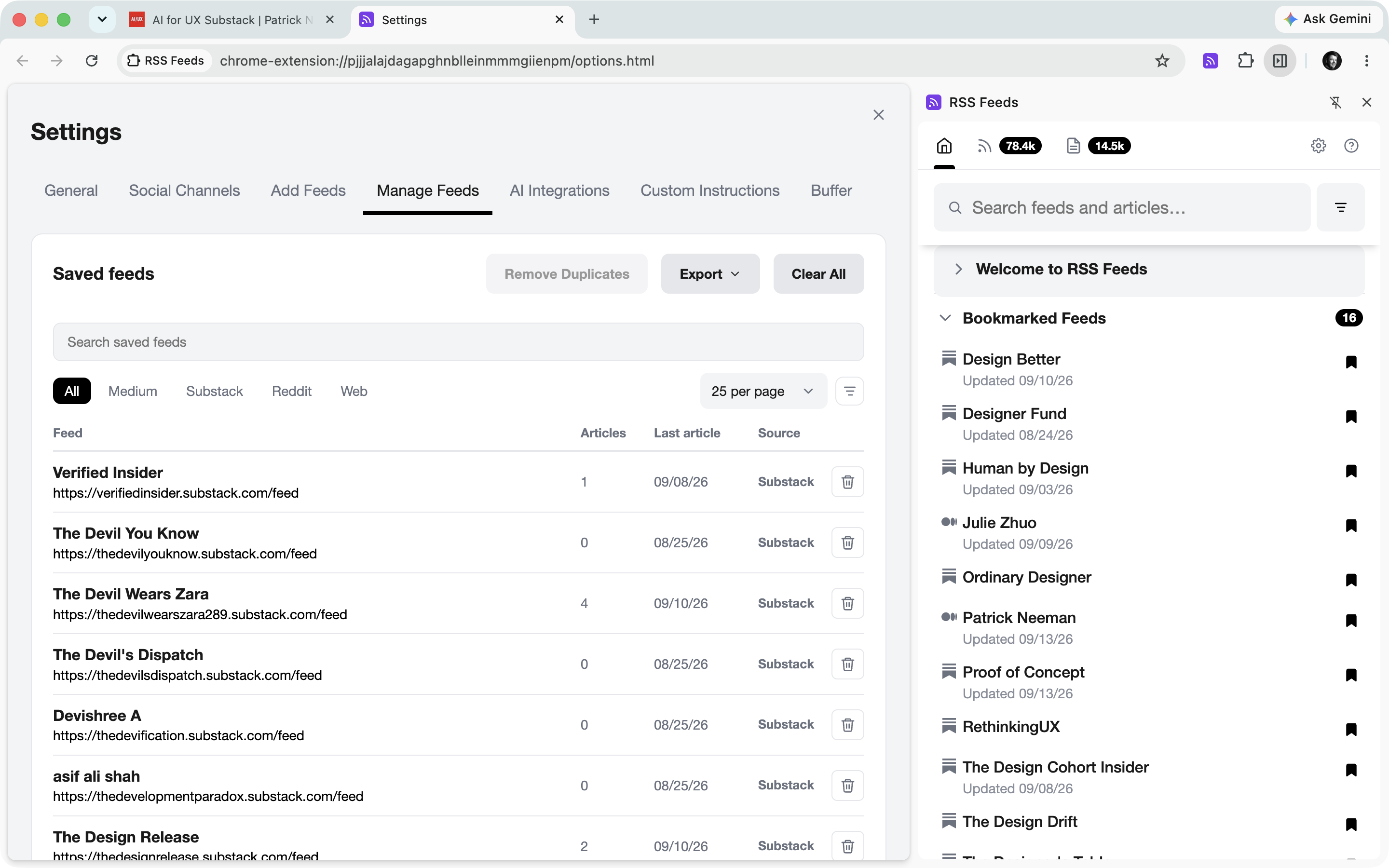 Manage Feeds settings