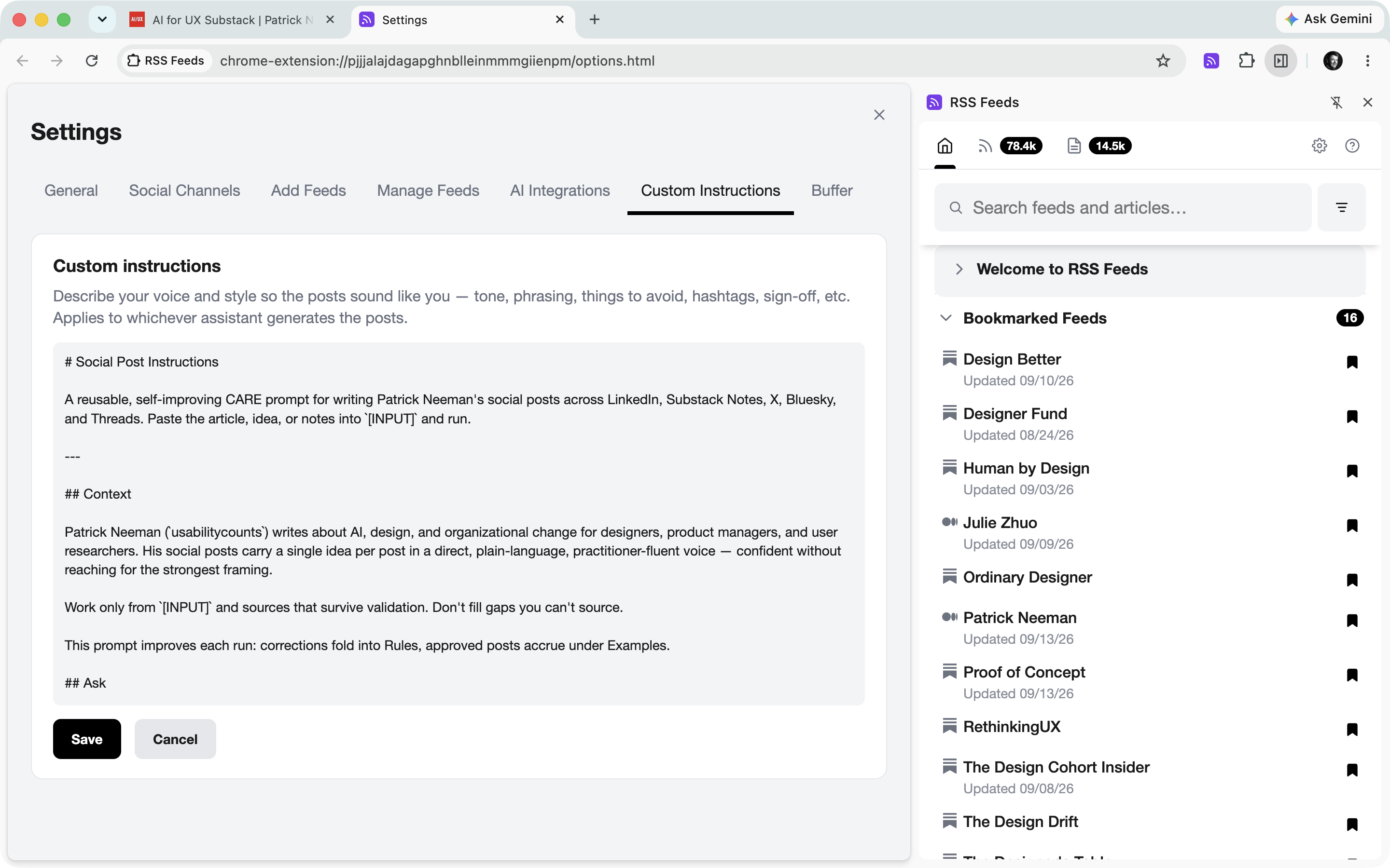 Custom instructions settings