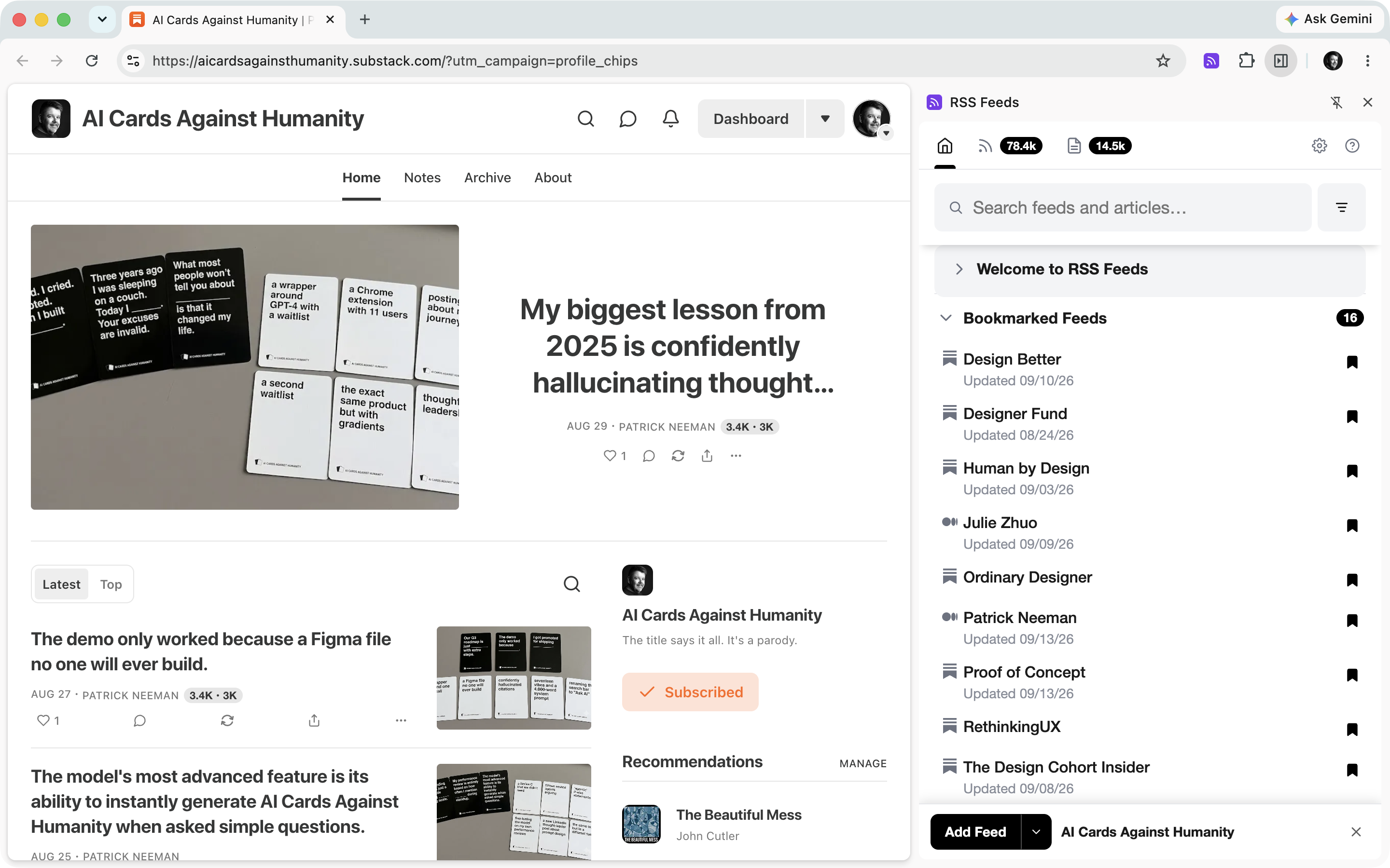 Adding the feed detected on the current page