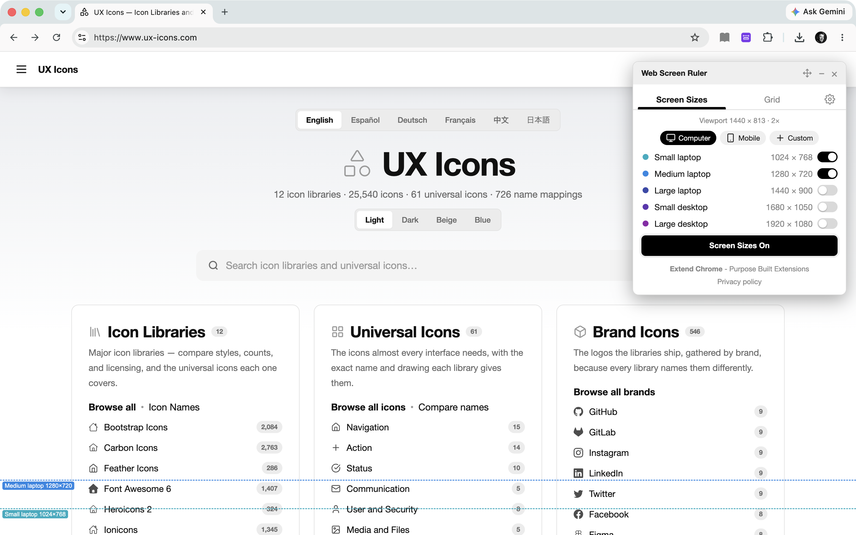 Screen-size guides overlaid on a page