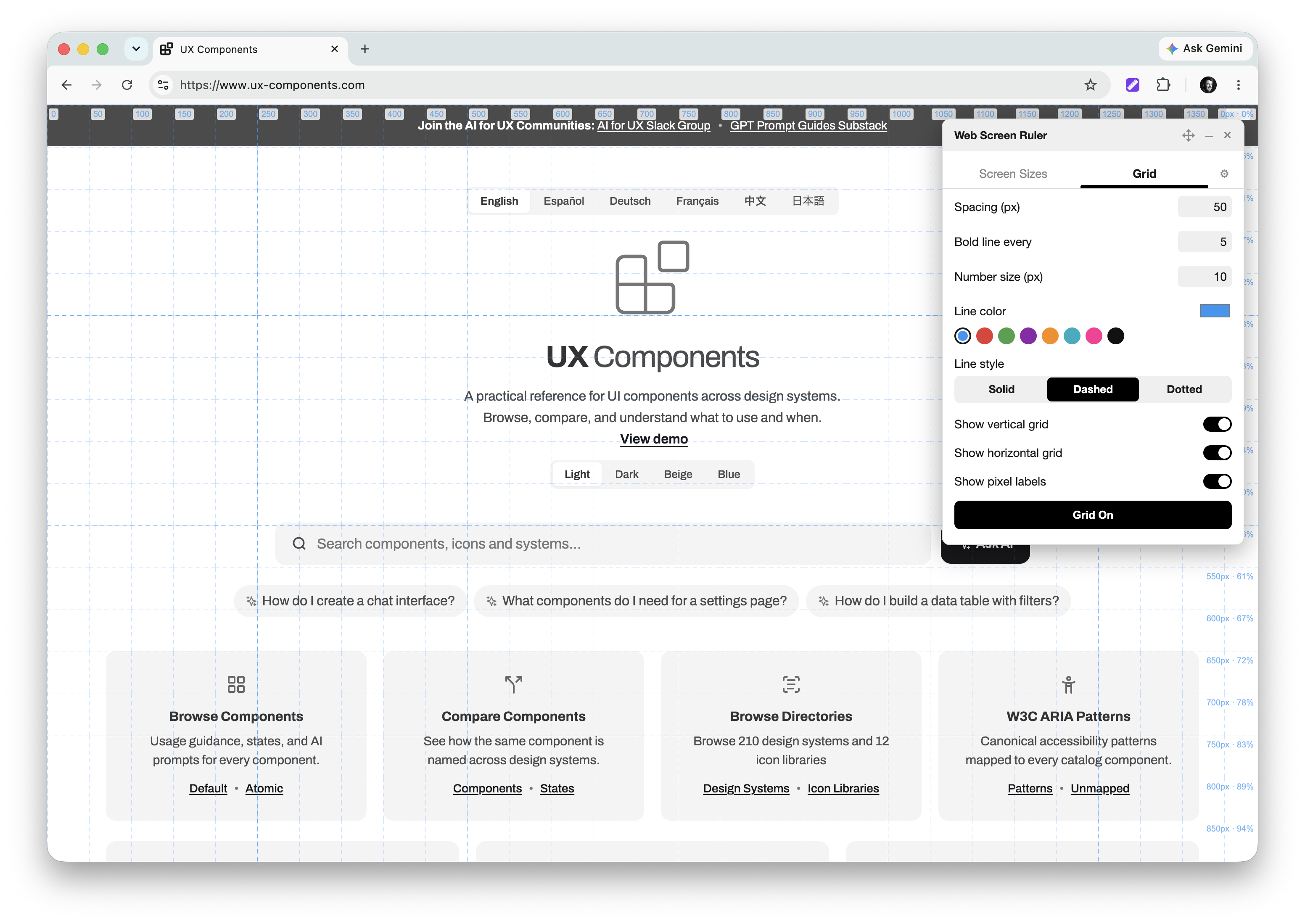 Column grid overlaid on a live page
